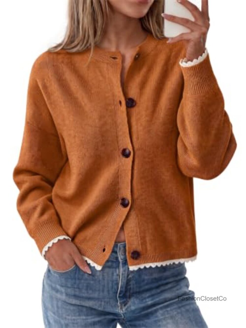 Womens Lace Trim Cardigan Button Down Knit Sweater with Detachable Scarf